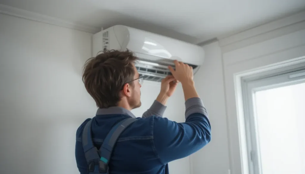 Technician inspecting an air conditioner unit